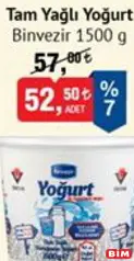 BİNVEZİR TAM YAĞLI YOĞURT 1500 G